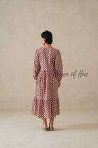 Cotton Midi Dress Summer Boho Floral Print, Dusty Rose Long Sleeve Tiered Dress