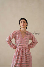 Cotton Midi Dress Summer Boho Floral Print, Blush Pink Long Sleeve Tiered Dress