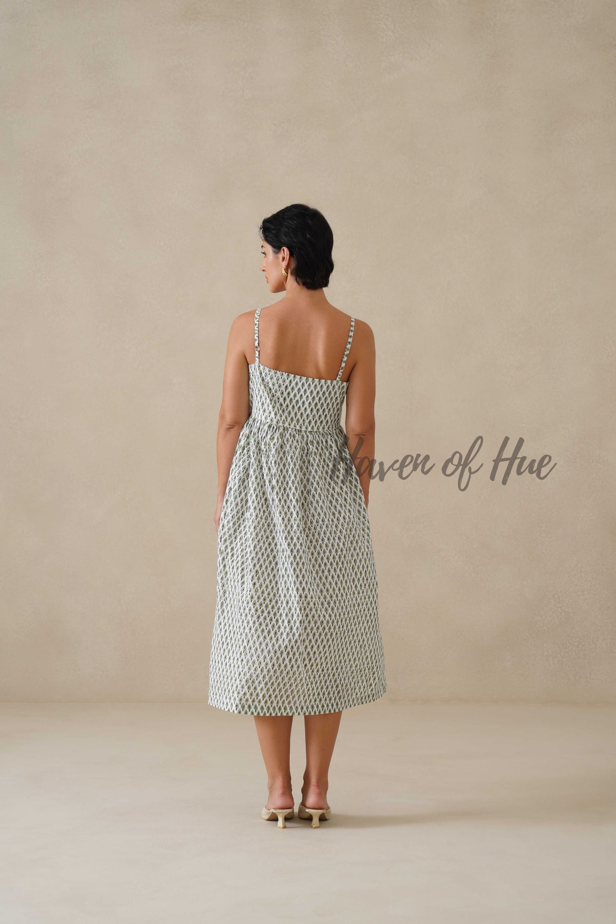 Cotton Midi Dress for Women, Green Floral Strappy V-Neck Summer Sundress
