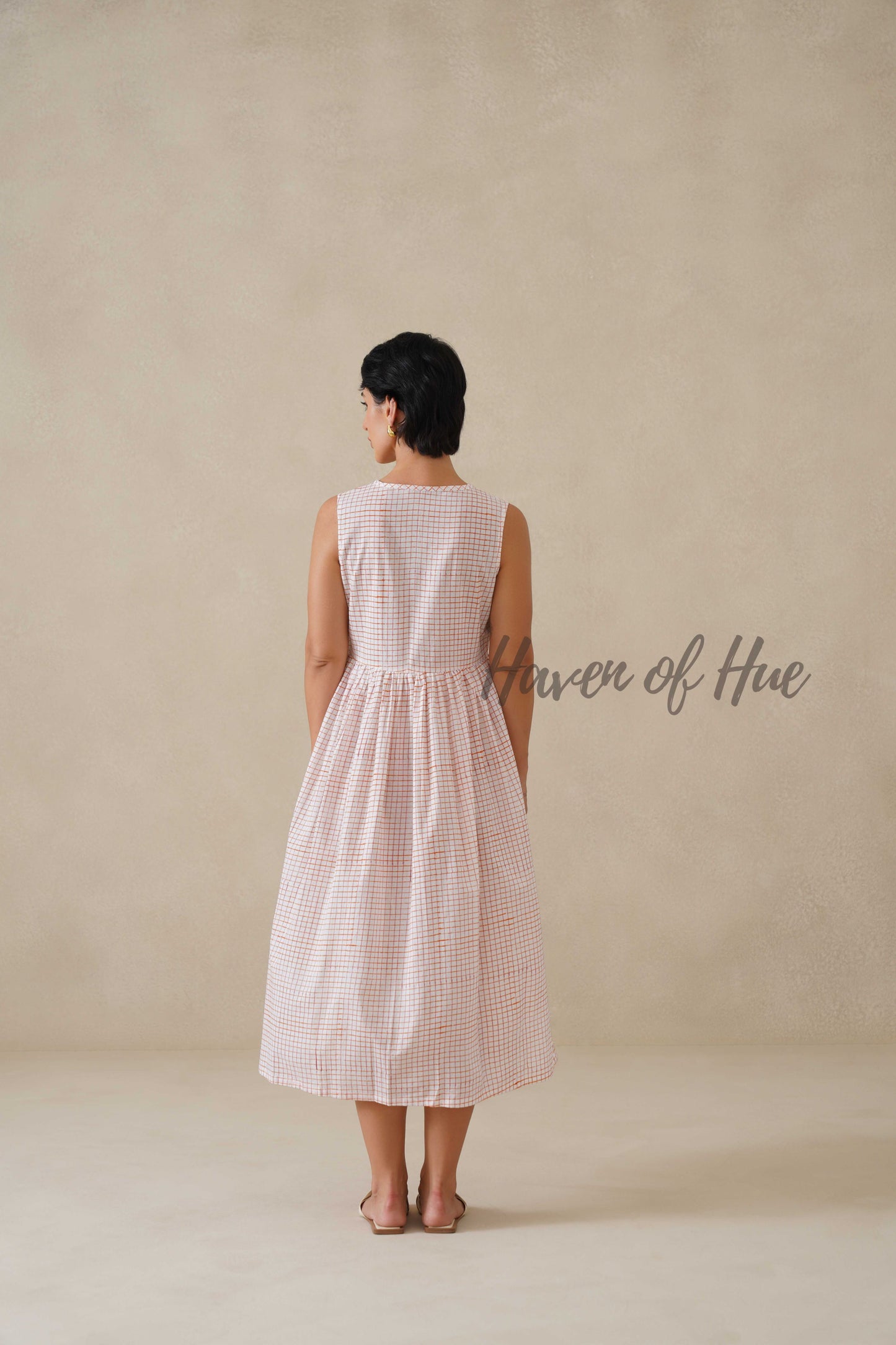 Check Cotton Midi Dress for Women, Orange Sleeveless Summer Sundress