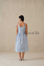 Cotton Midi Dress Summer Striped Tie-Strap A-Line Casual Sun Dress - Light Blue & White