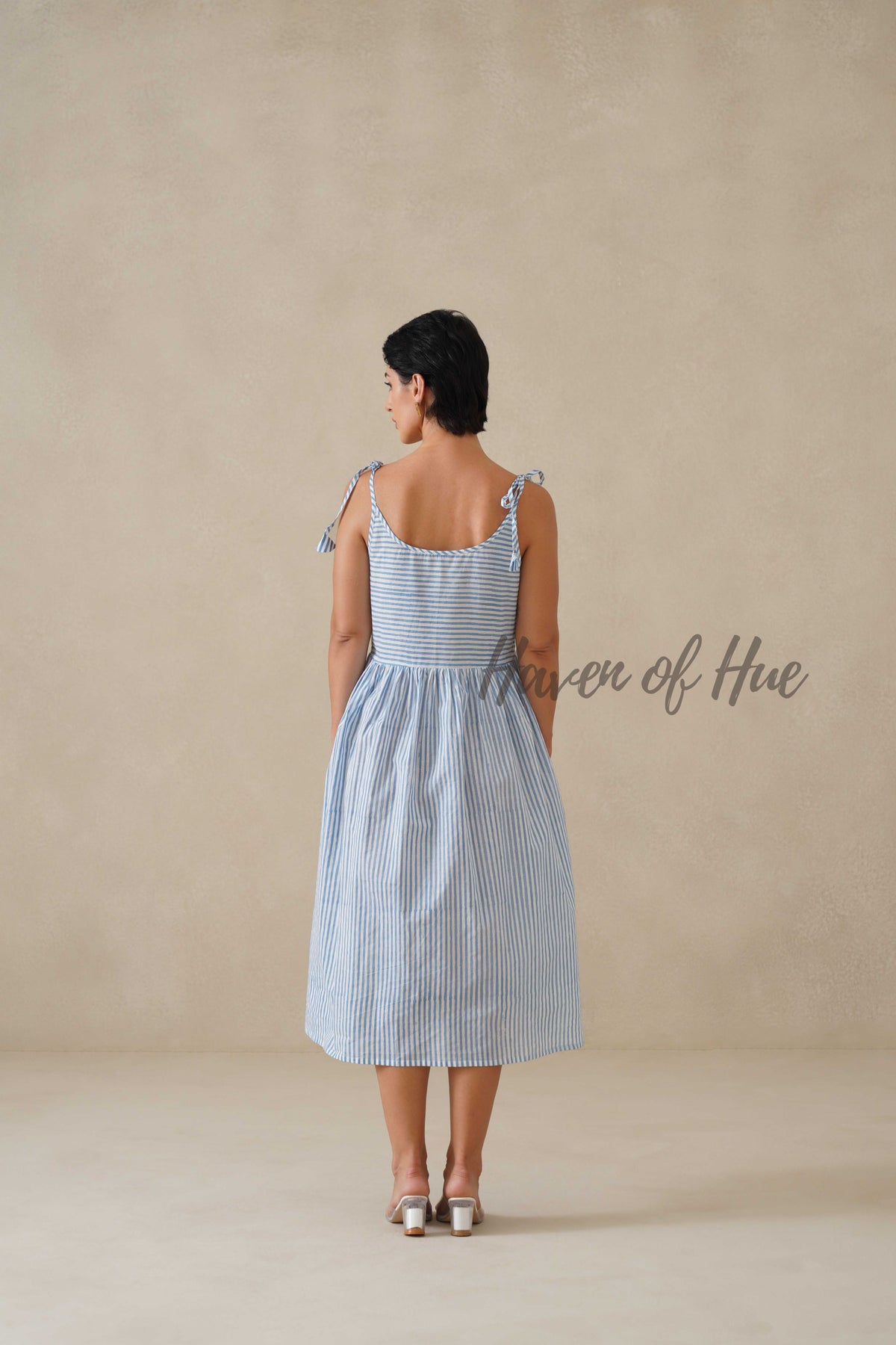 Cotton Midi Dress Summer Striped Tie-Strap A-Line Casual Sun Dress - Light Blue & White