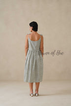 Cotton Midi Dress Summer Boho Print Sleeveless A-Line Casual Sun Dress for Women - Sage Green & White
