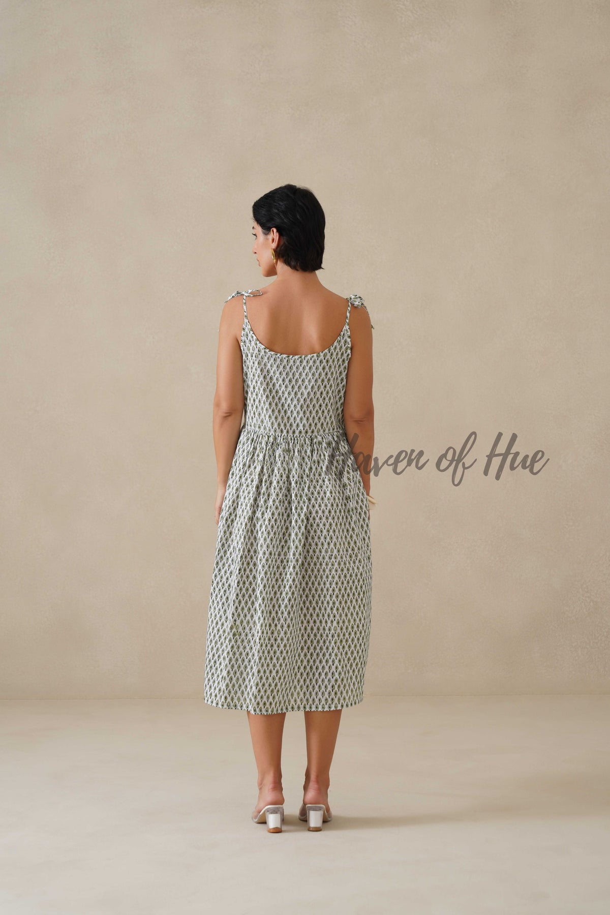 Cotton Midi Dress Summer Boho Print Sleeveless A-Line Casual Sun Dress for Women - Sage Green & White