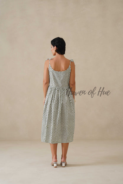 Cotton Midi Dress Summer Boho Print Sleeveless A-Line Casual Sun Dress for Women - Sage Green & White