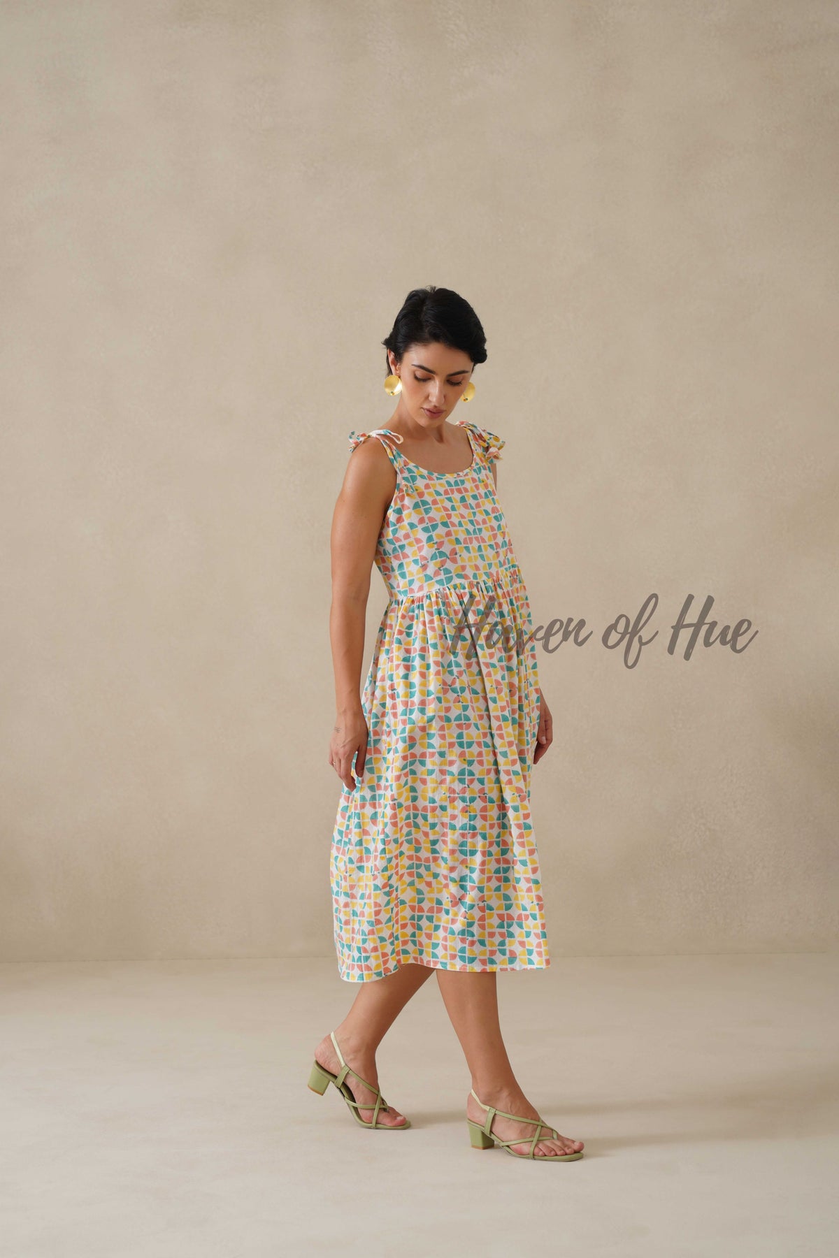Cotton Midi Dress Summer Colorful Geometric Print Tie-Strap A-Line Casual Sun Dress - Multicolor Pastel