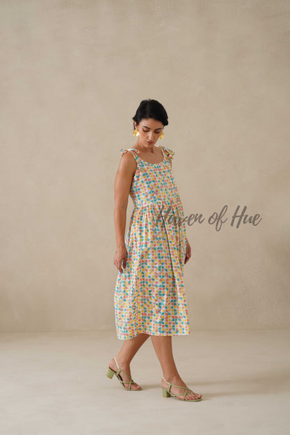 Cotton Midi Dress Summer Colorful Geometric Print Tie-Strap A-Line Casual Sun Dress - Multicolor Pastel