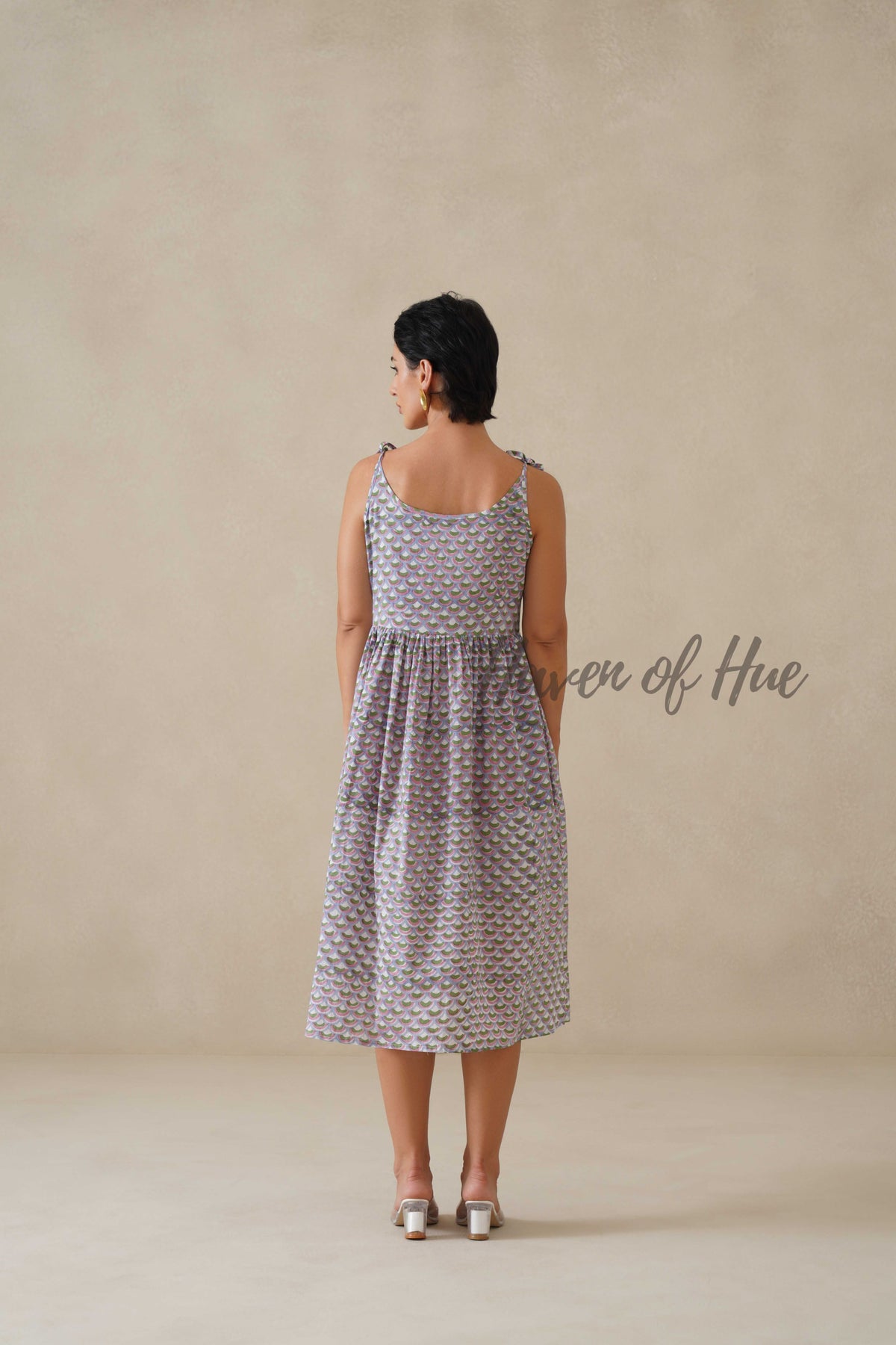 Cotton Midi Dress Summer Floral Print Tie-Strap A-Line Casual Sun Dress - Lavender & Sage Green