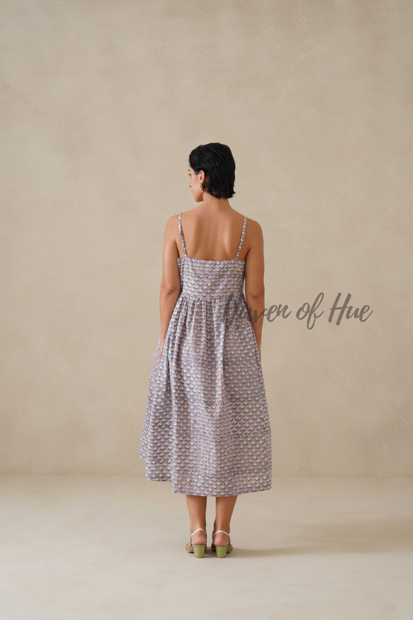 Cotton Midi Dress Summer Boho Lavender Floral Button-Front V-Neck Sun Dress for Women
