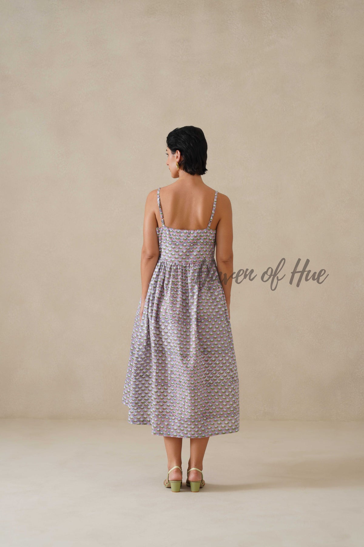 Cotton Midi Dress Summer Boho Lavender Floral Button-Front V-Neck Sun Dress for Women