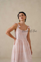 Cotton Midi Dress Summer Gingham Plaid Tie-Strap A-Line Casual Sun Dress - Red & White