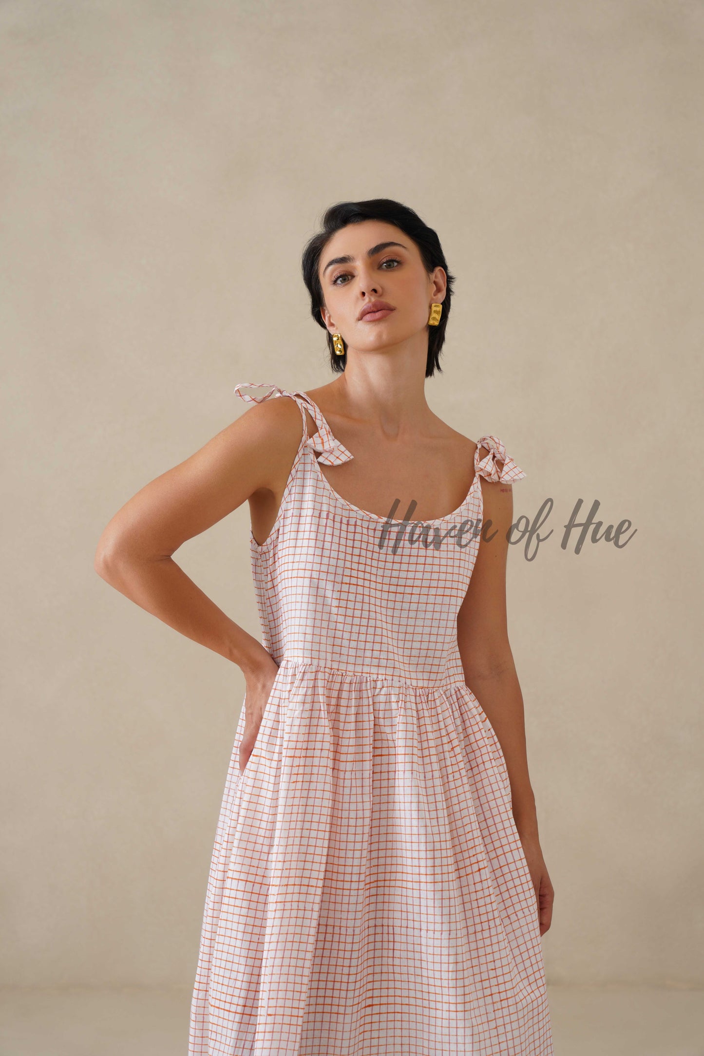 Cotton Midi Dress Summer Gingham Plaid Tie-Strap A-Line Casual Sun Dress - Red & White
