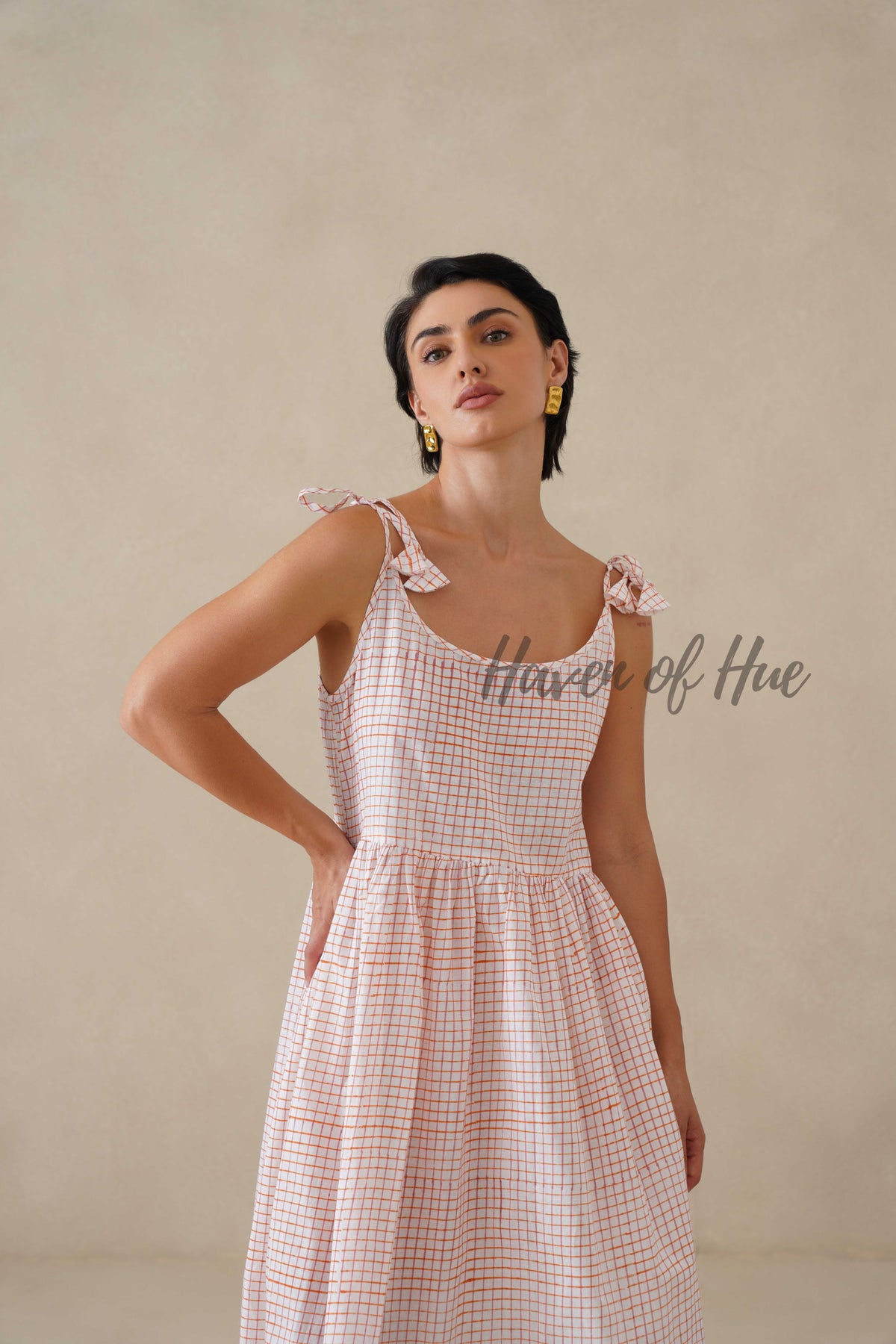 Cotton Midi Dress Summer Gingham Plaid Tie-Strap A-Line Casual Sun Dress - Red & White