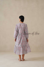 Floral Cotton Midi Dress with Long Sleeves, Pink Boho V-Neck Tiered Sundress