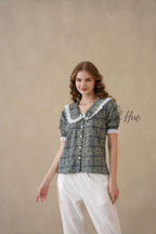Women’s Indigo Blue Floral Cotton Summer Top with Lace Collar Detail