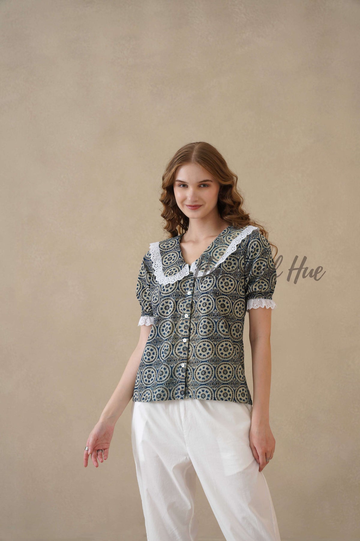 Women’s Indigo Blue Floral Cotton Summer Top with Lace Collar Detail