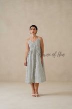 Cotton Midi Dress for Women, Green Floral Strappy V-Neck Summer Sundress