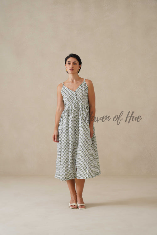 Cotton Midi Dress for Women, Green Floral Strappy V-Neck Summer Sundress