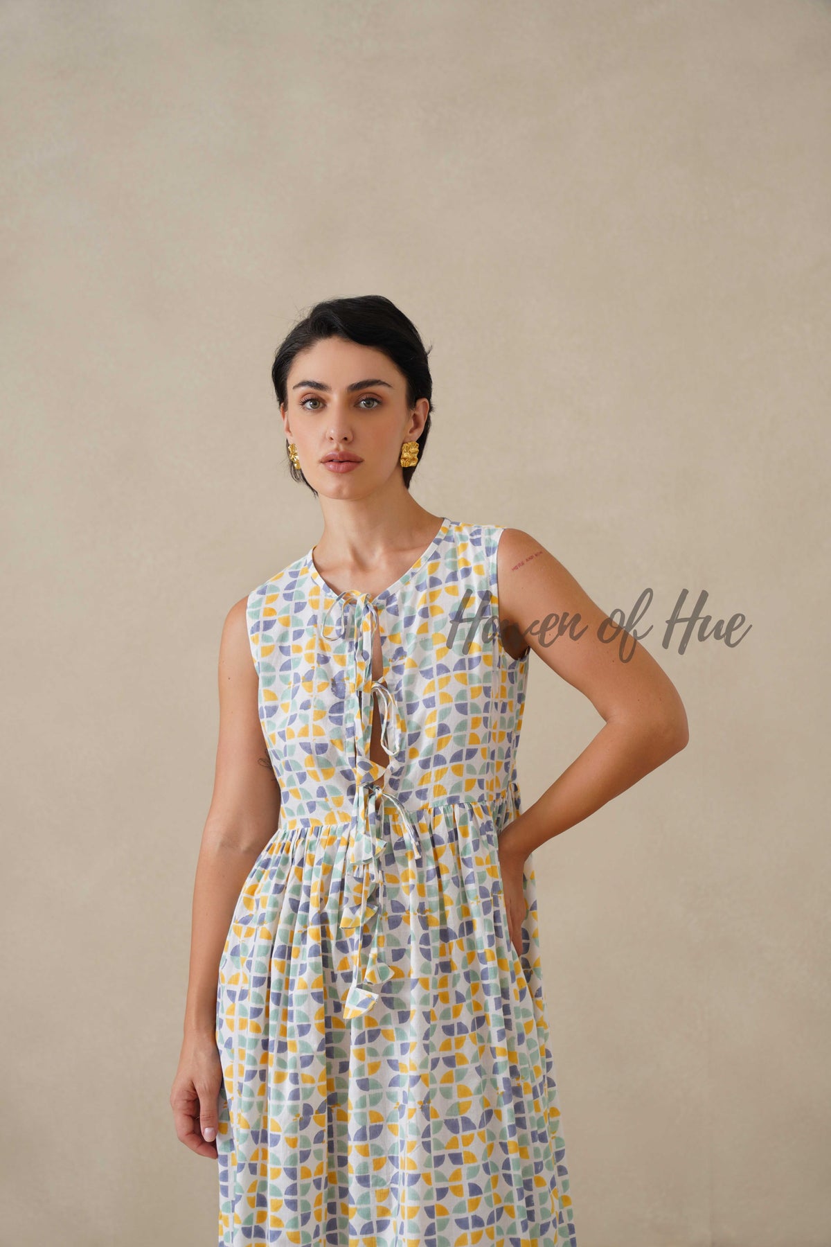 Cotton Midi Dress Sleeveless Boho Geometric Print Summer Sundress for Women - Relaxed Fit Casual A-Line Dress