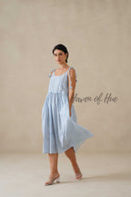 Cotton Midi Dress Summer Striped Tie-Strap A-Line Casual Sun Dress - Light Blue & White