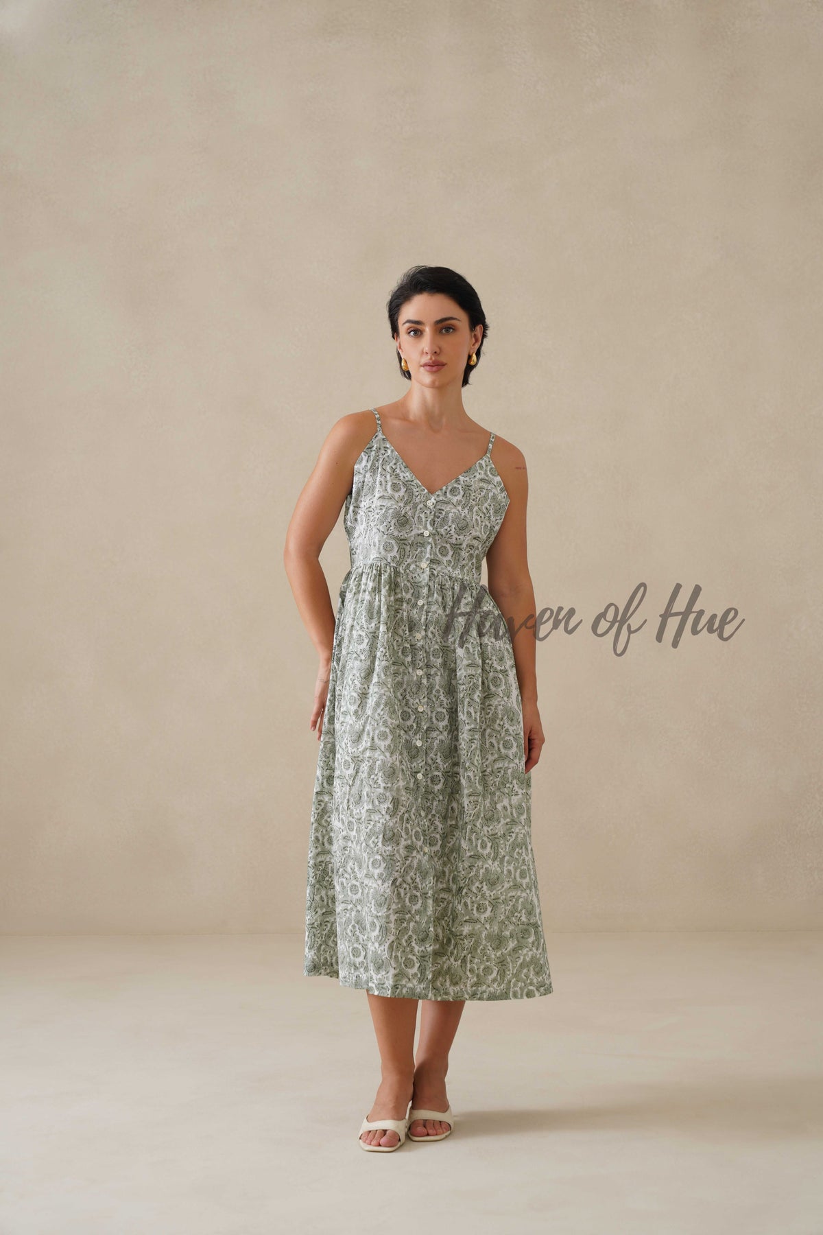Cotton Midi Dress Summer Floral Print Sleeveless Boho Sundress for Women - Sage Green Relaxed Fit Casual Vacation Dress