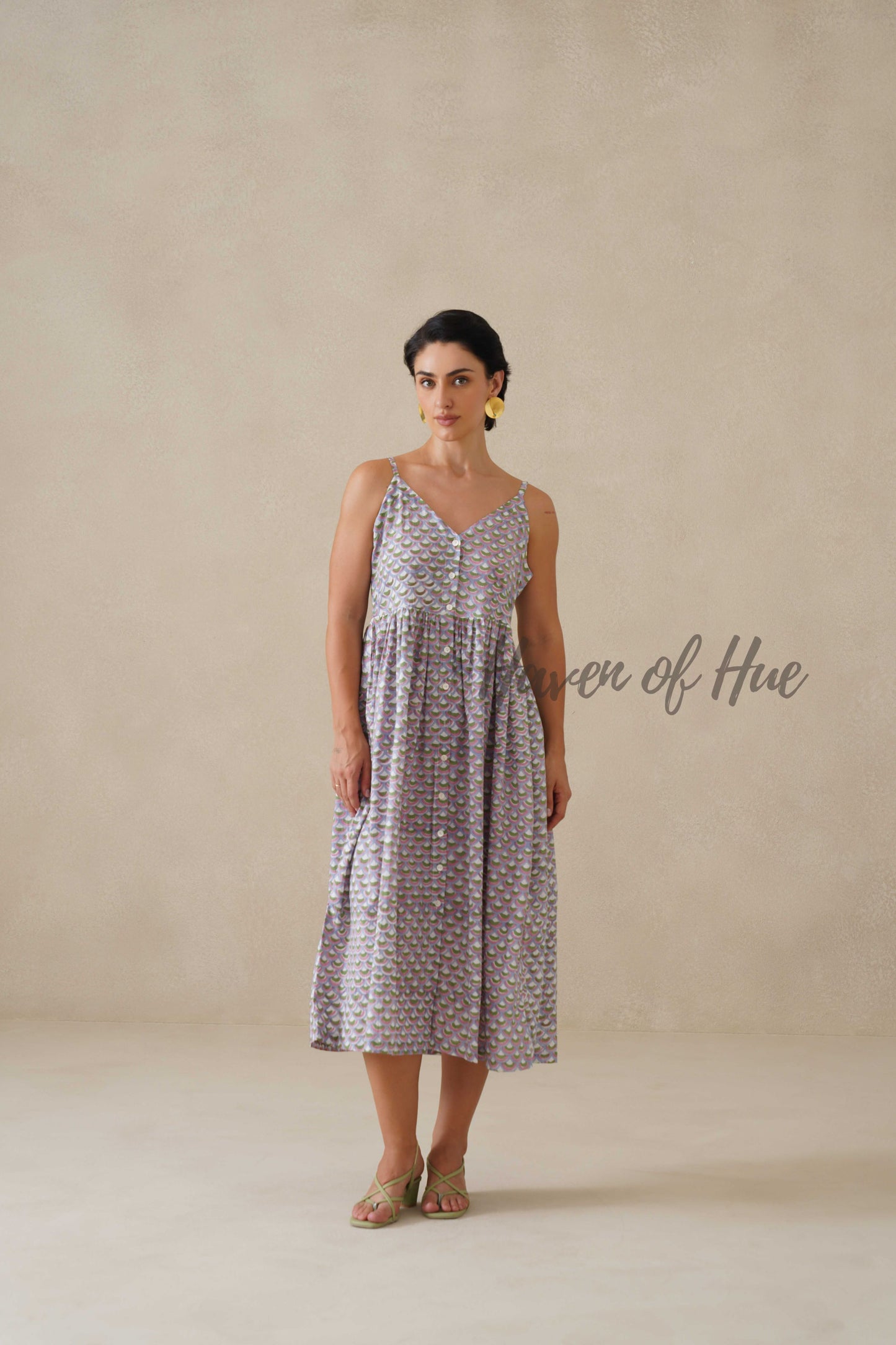 Cotton Midi Dress Summer Boho Lavender Floral Button-Front V-Neck Sun Dress for Women