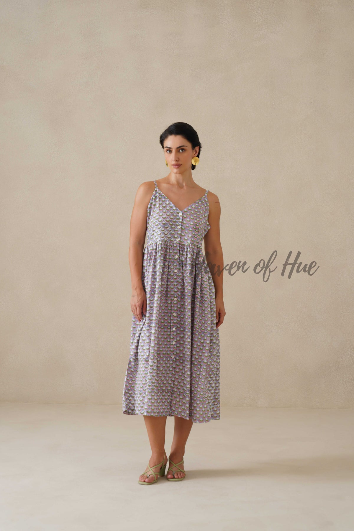 Cotton Midi Dress Summer Boho Lavender Floral Button-Front V-Neck Sun Dress for Women