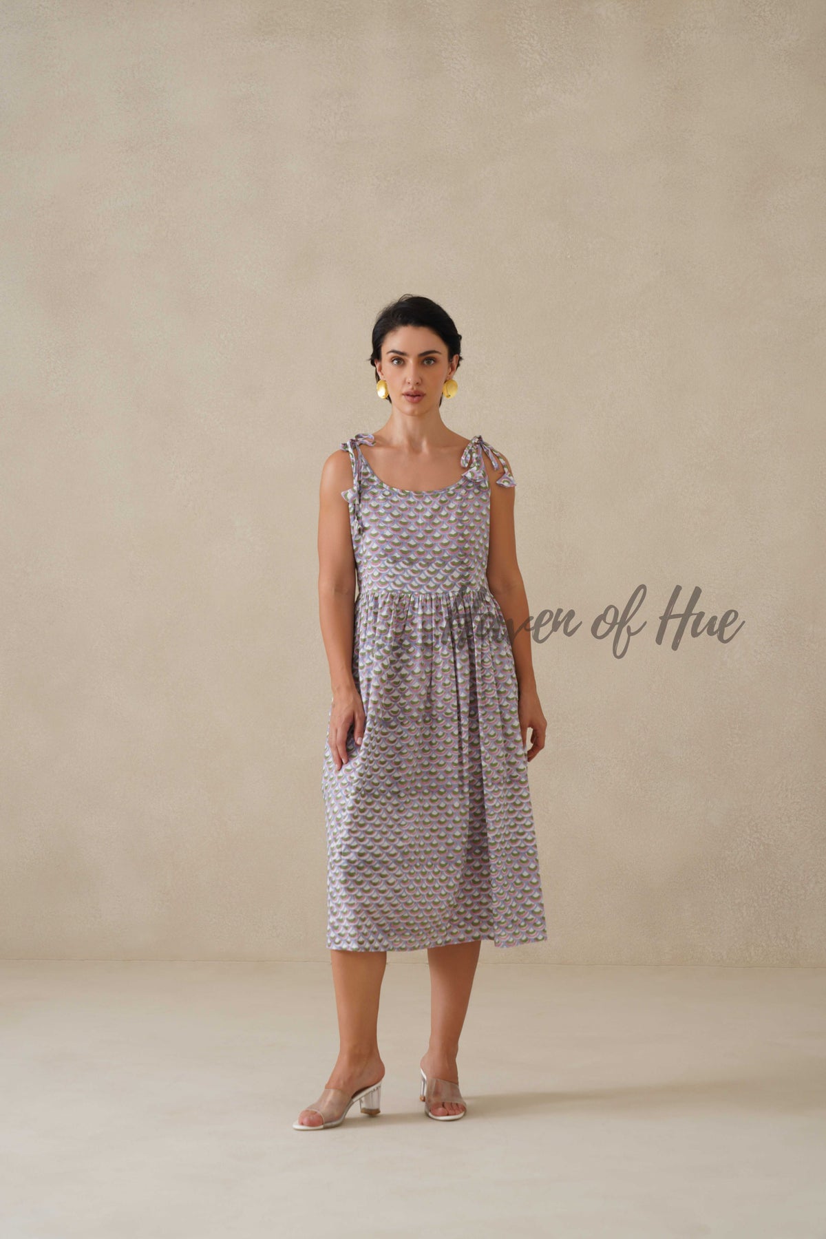 Cotton Midi Dress Summer Floral Print Tie-Strap A-Line Casual Sun Dress - Lavender & Sage Green