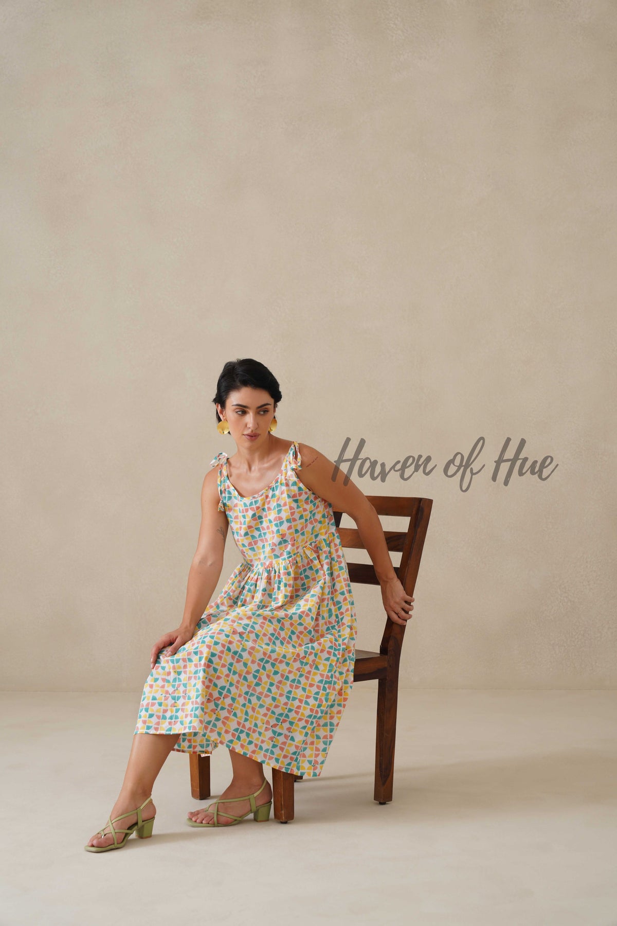 Cotton Midi Dress Summer Colorful Geometric Print Tie-Strap A-Line Casual Sun Dress - Multicolor Pastel