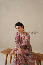 Cotton Midi Dress Summer Boho Floral Print, Dusty Rose Long Sleeve Tiered Dress