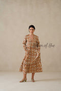 Cotton Midi Dress Summer Boho Floral Print, Rust Orange Block Print Sundress