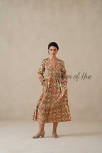 Cotton Midi Dress Summer Boho Floral Print, Rust Orange Block Print Sundress