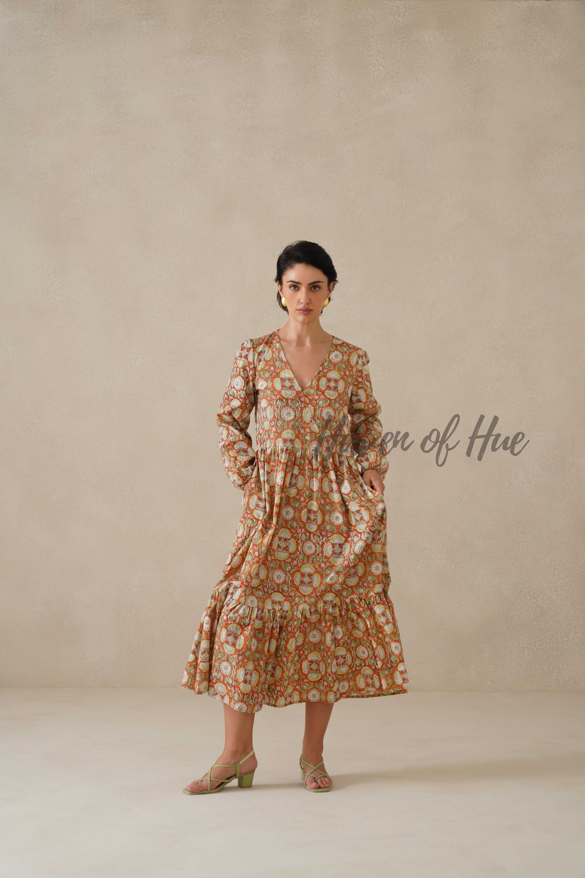 Cotton Midi Dress Summer Boho Floral Print, Rust Orange Block Print Sundress