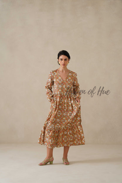 Cotton Midi Dress Summer Boho Floral Print, Rust Orange Block Print Sundress
