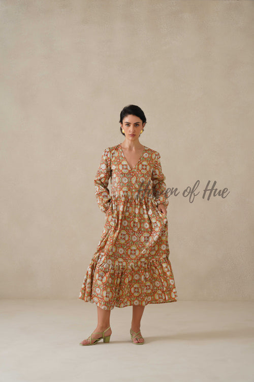 Cotton Midi Dress Summer Boho Floral Print, Rust Orange Block Print Sundress