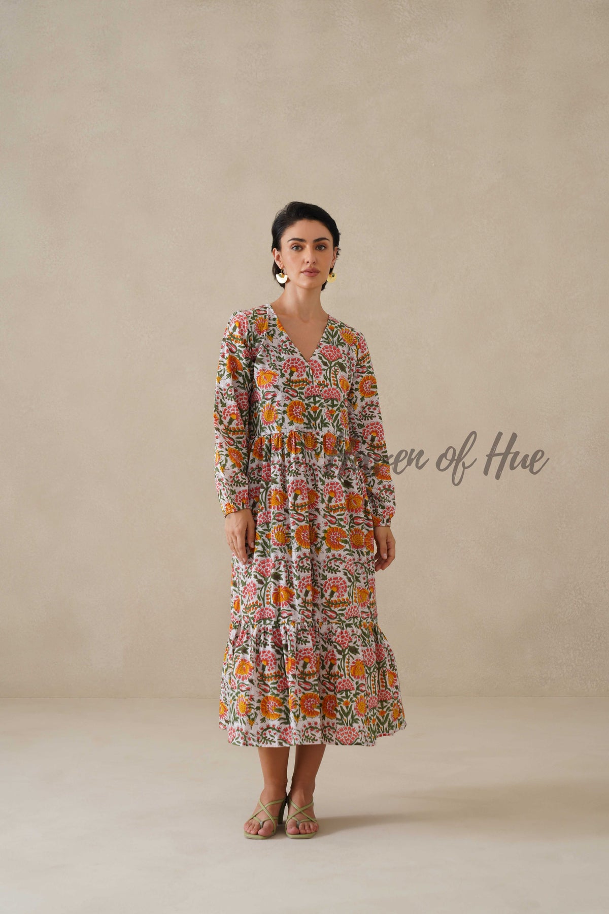 Cotton Midi Dress Summer Boho Floral Print, White and Orange Block Print Sundress