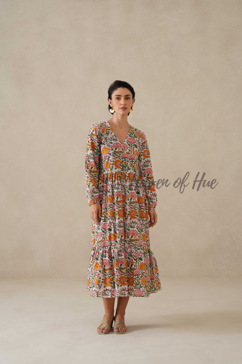 Cotton Midi Dress Summer Boho Floral Print, White and Orange Block Print Sundress