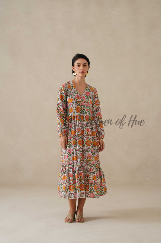 Cotton Midi Dress Summer Boho Floral Print, White and Orange Block Print Sundress