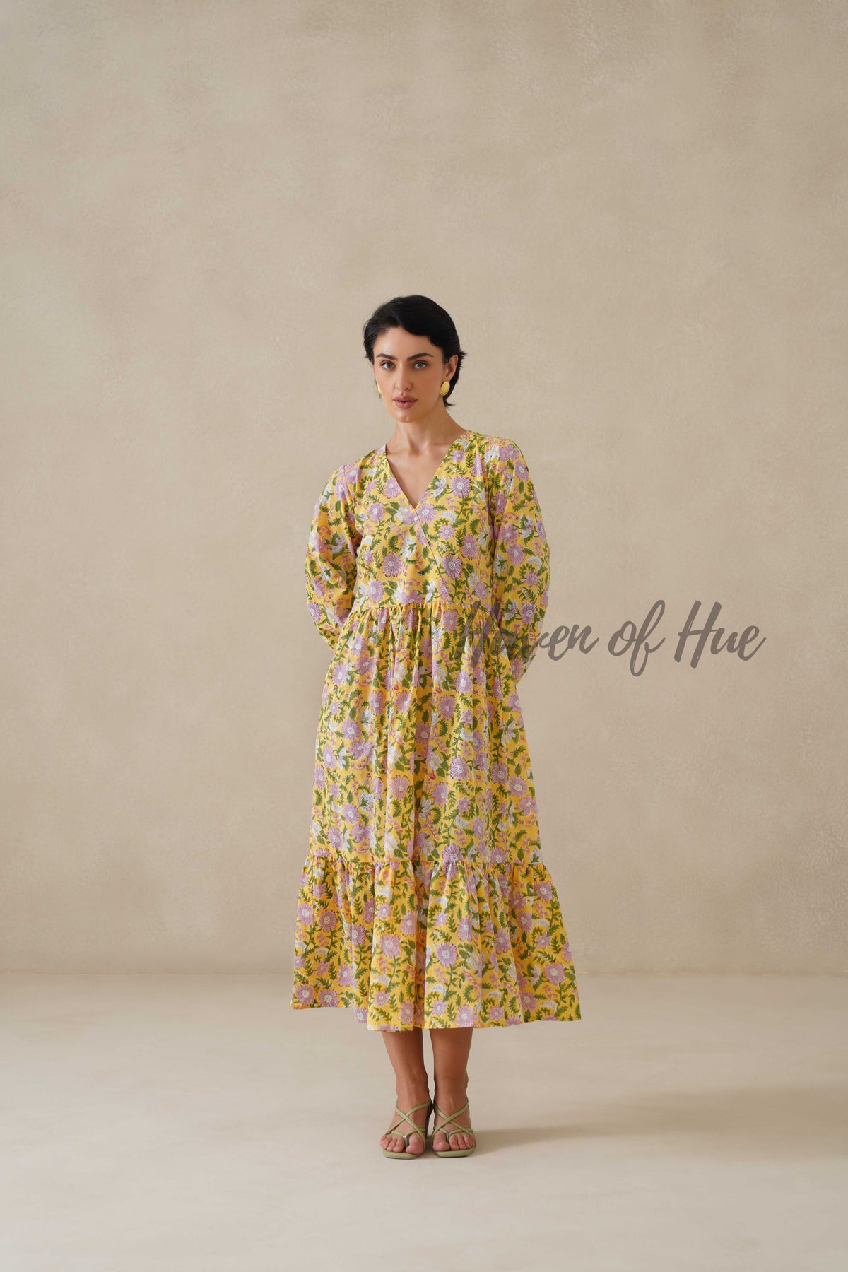 Cotton Midi Dress Summer Boho Floral Print, Yellow Block Print Sundress