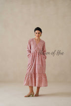 Cotton Midi Dress Summer Boho Floral Print, Blush Pink Long Sleeve Tiered Dress