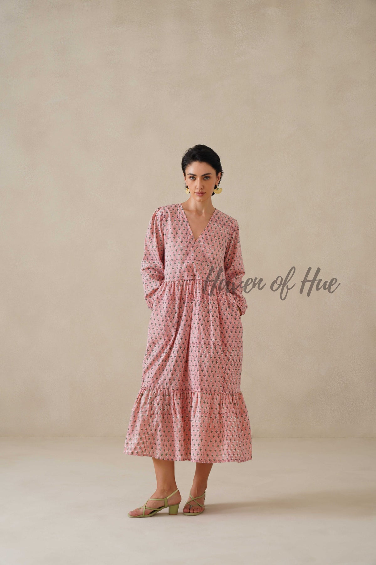 Cotton Midi Dress Summer Boho Floral Print, Blush Pink Long Sleeve Tiered Dress