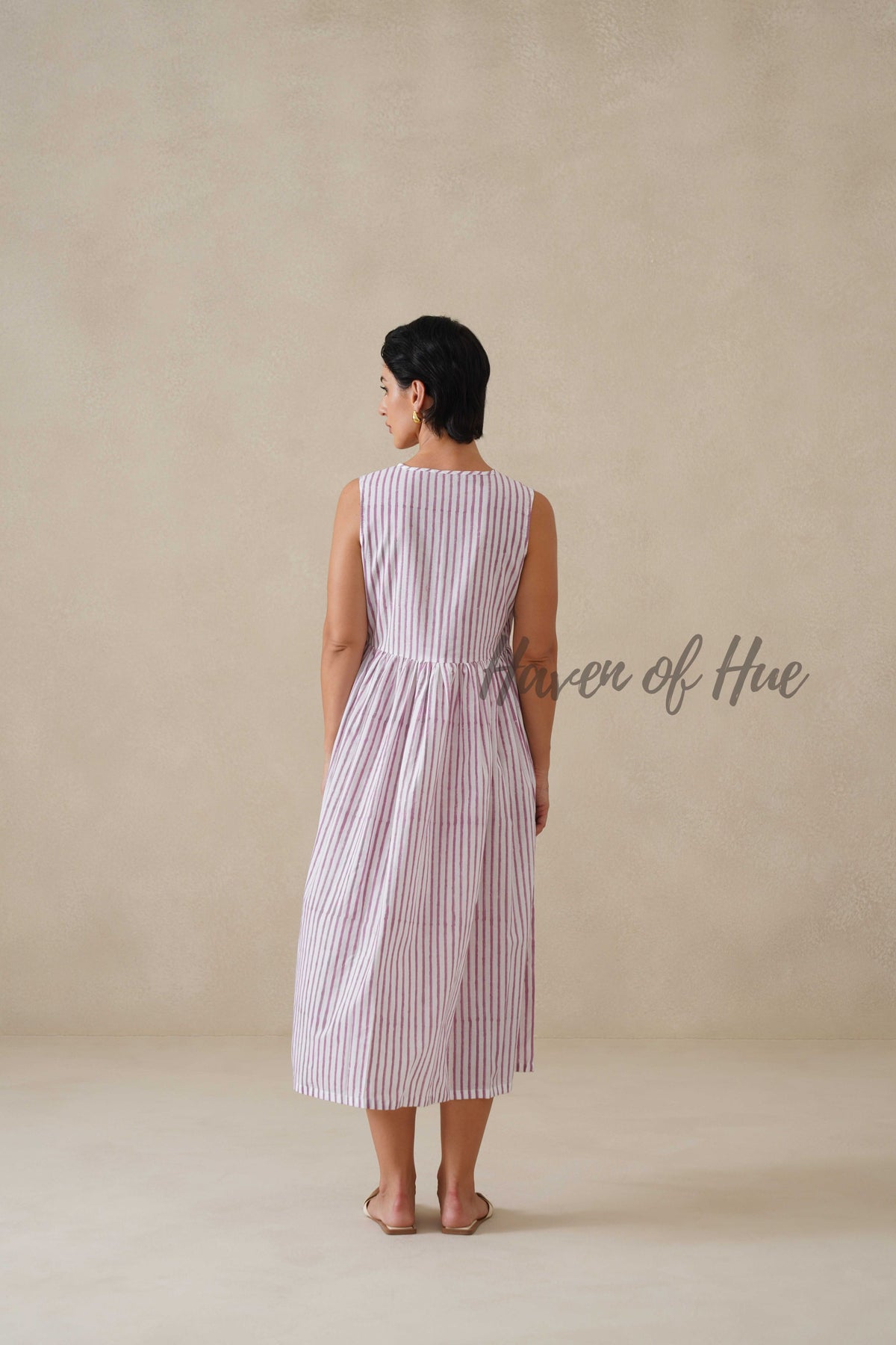 Striped Cotton Midi Dress for Women, Purple Sleeveless Summer Sundress