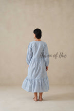 Blue Striped Cotton Dress with Long Sleeves, V-Neck Tiered Midi for Women