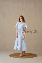 Blue Stripe Maxi Dress Cotton Flutter Sleeve Tiered