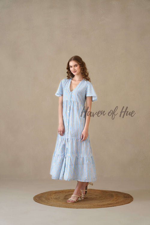 Blue Stripe Maxi Dress Cotton Flutter Sleeve Tiered