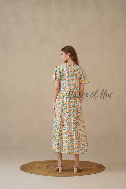 Multicolor Cotton Tiered Dress with Boho Geometric Print