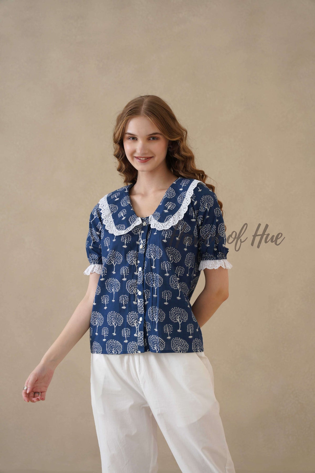 Women’s Indigo Blue Tree Print Cotton Top with Lace Peter Pan Collar