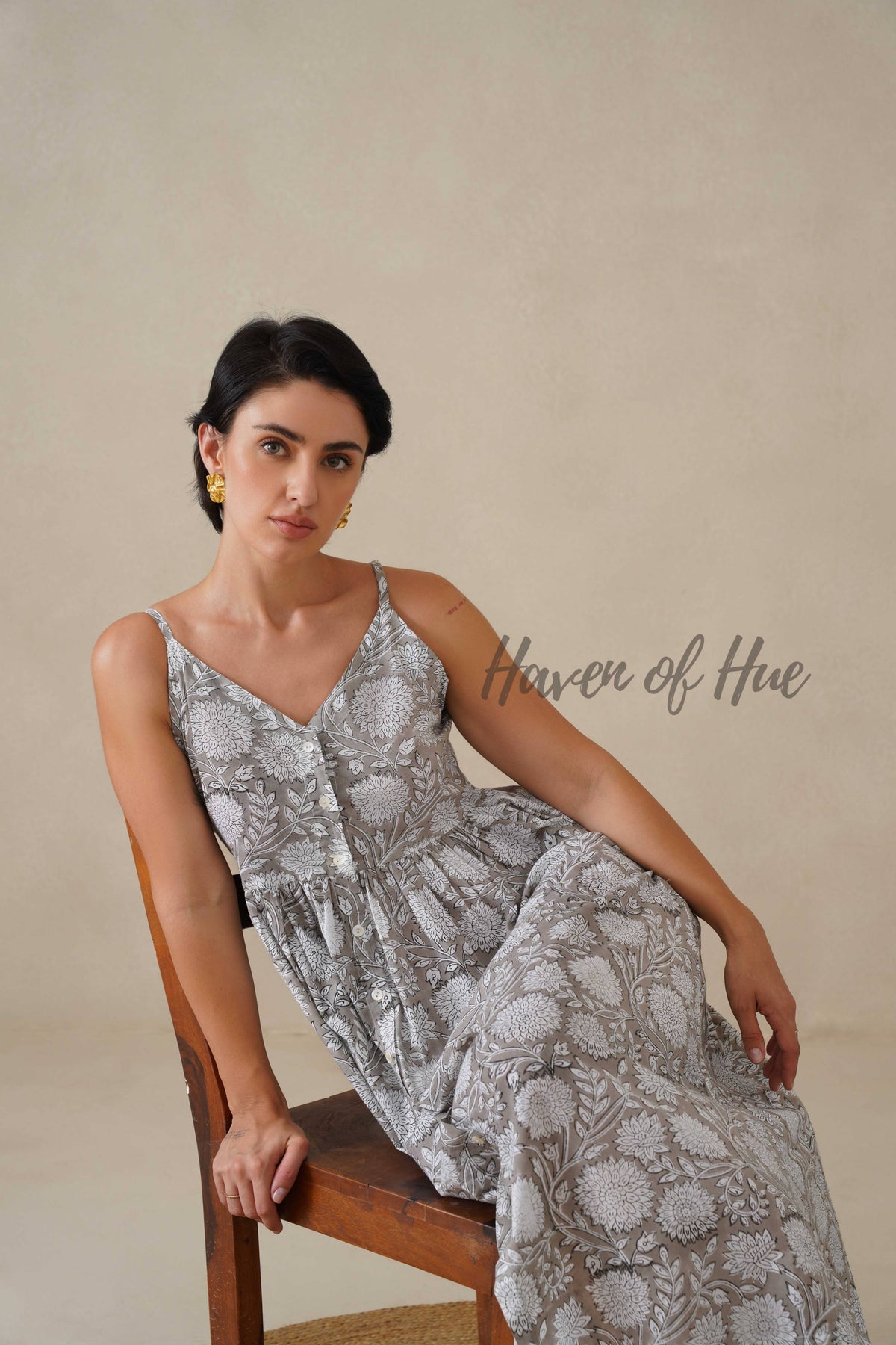 Women Cotton Tunic Top - Hand Block Print Cami Dress - Grey Floral Boho Tunic - Artisan Sleeveless Relaxed Fit Summer Dress