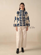 Women's Cream Suzani Velvet Jacket Navy Blue Embroidered Boho Minimalist Coat