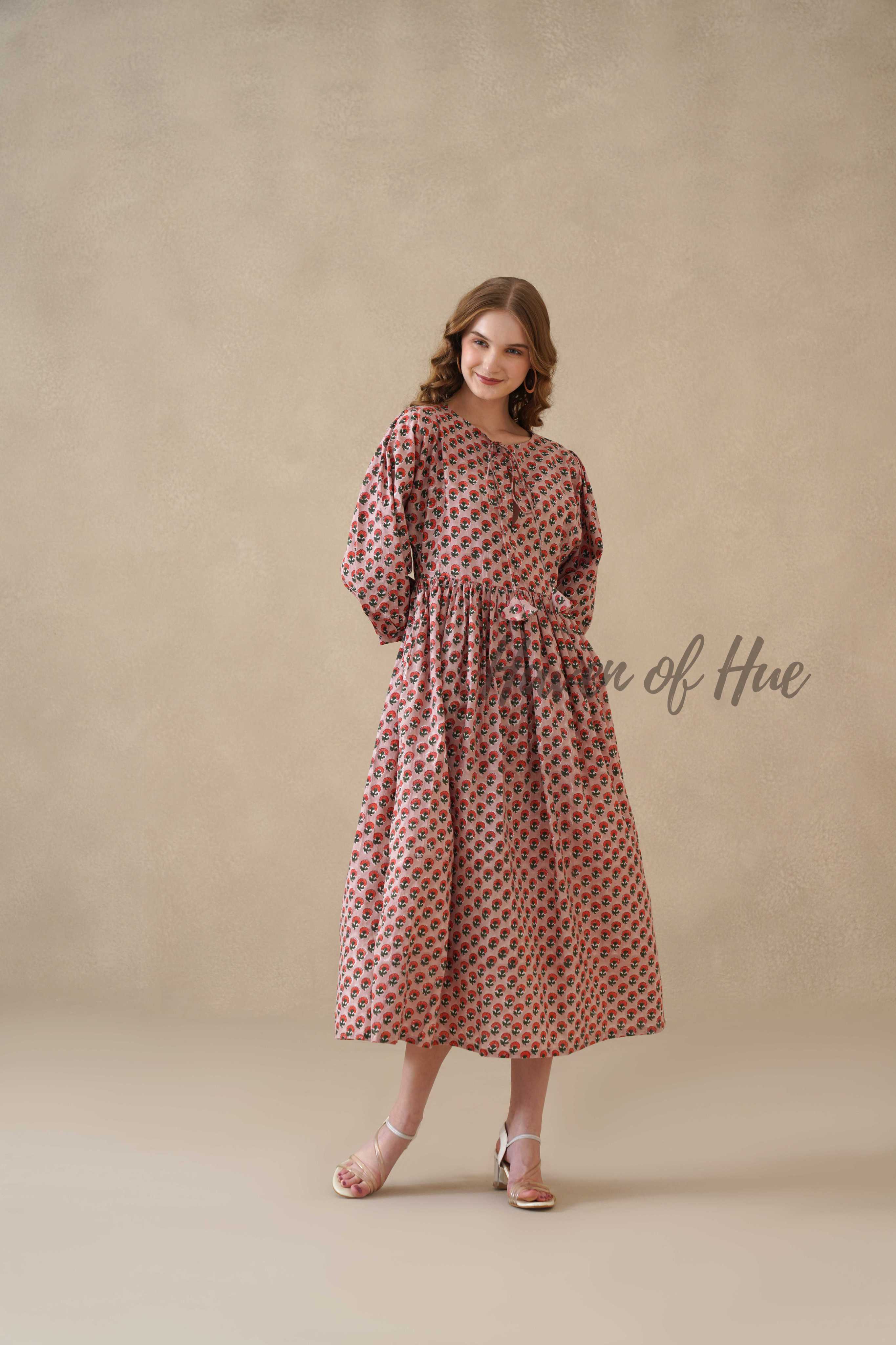 Red Floral Cotton Midi Dress with Long Sleeves